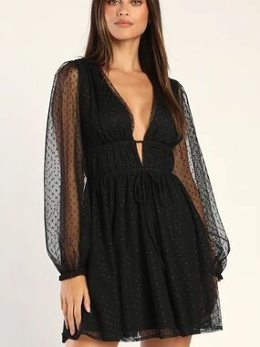 Lulu's Black Swiss Dot Long Sleeve Tulle Mini Sexy Flirty Babydoll style Dress